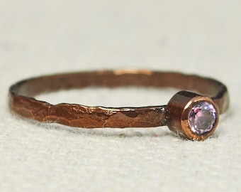 Bronze Copper Pink Tourmaline Ring, Classic Size, Stackable Rings, Mother's Ring, October Birthstone, Copper Jewelry, Pure Copper, Band