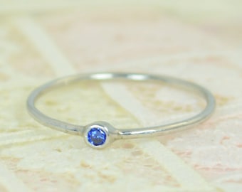 Tiny Sapphire Ring Set, Solid White Gold Wedding Set, Stacking Ring, White Gold Sapphire Ring, September Birthstone, Bridal Set, Gold