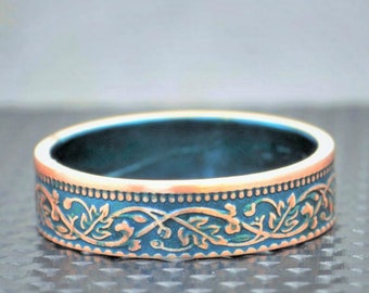 Turquoise Wreath Coin Ring, India-British Coin, Turquoise Ring, Coin Ring,Bronze Ring,Unique BoHo Ring, Dainty Ring, Women's,8th anniversary