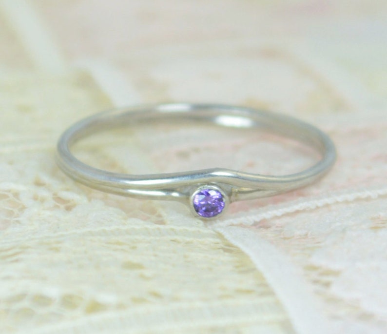 Tiny Amethyst Ring Set, Solid White Gold Wedding Set, Amethyst Stacking Ring, White Gold Amethyst Ring, Bridal Set, February Birthstone image 2