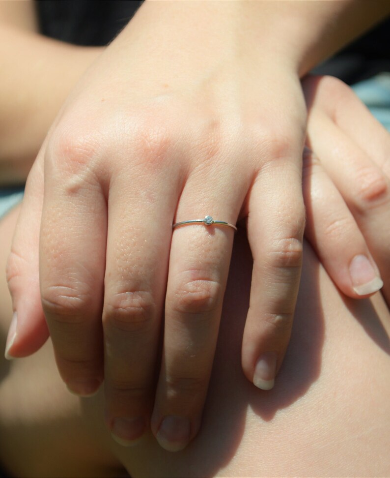 Tiny CZ Diamond Ring, White Gold Diamond Stacking Ring, Solid White Gold Diamond Ring, Diamond Mothers Ring, April Birthstone, Diamond Ring image 2