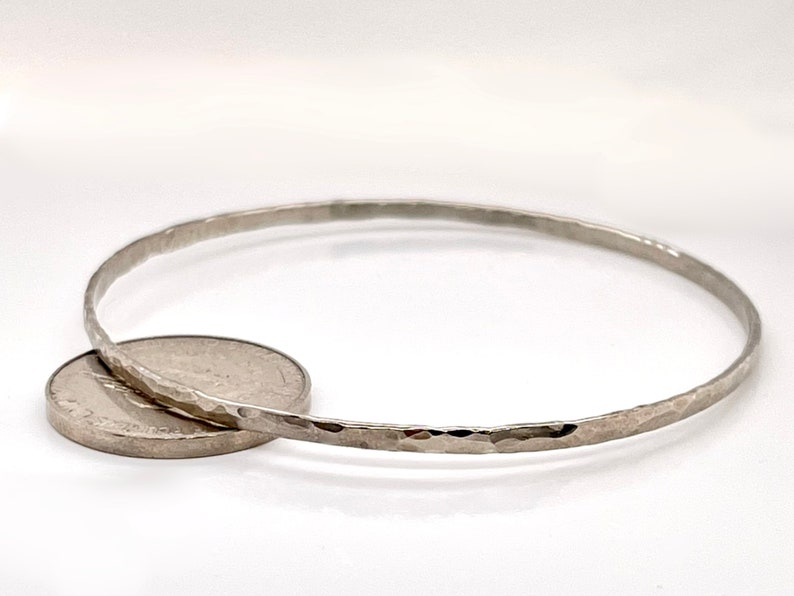 2mm Solid White Gold Hammerd Bangle Not Hollow Choose 10K, 14K, or 18k Stacking Bangle Bracelet, White Gold image 3