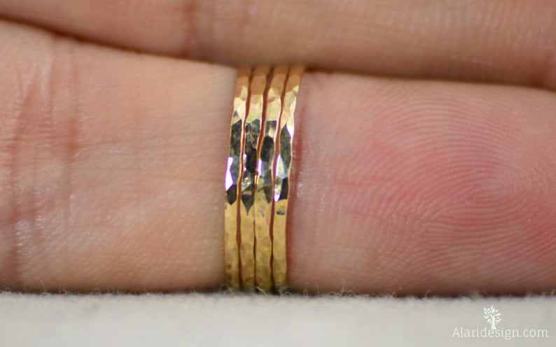 Thin 14k Gold Filled Stacking Ring, Beautiful Hammered Yellow gold Stacking Ring, Dainty and Beatifully Faceted. image 4