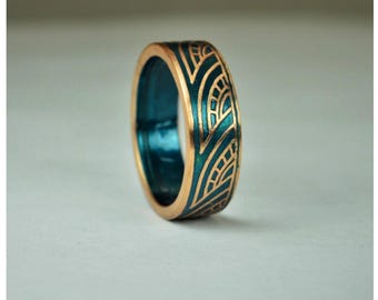 Turquoise Thai Coin Ring, Wave Ring, Ray Ring, Thailand Coin ring, Coin Art, Thai Art, Thailand art, Turquoise Ring, Bronze Ring, Coin Ring