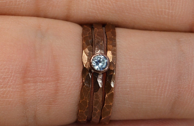 Bronze Copper Aquamarine Ring, Classic Size, Stackable Rings, Mother's Ring, March Birthstone, Copper Jewelry, Aquamarine, Pure Copper Band image 2