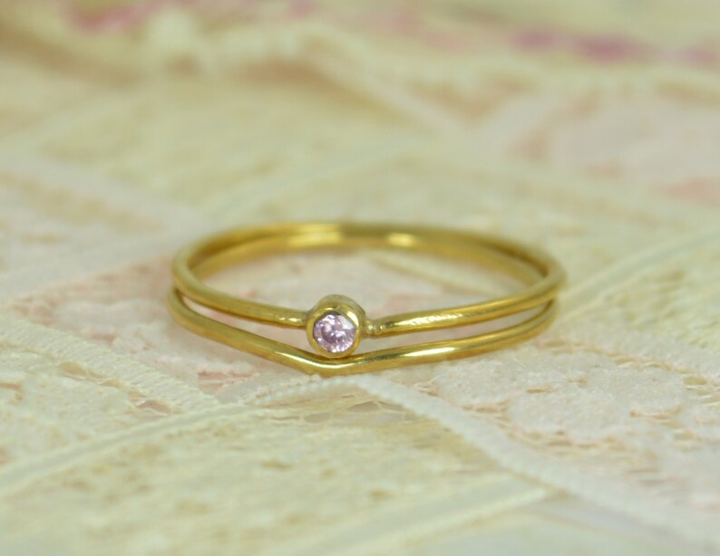 Tiny Pink Tourmaline Ring Set, Solid 14k Gold Wedding Set, Stacking Ring, Solid 14k Gold Tourmaline Ring, October Birthstone, Bridal Set image 2