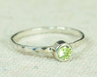 Small Peridot Ring, Hammered Silver, Stackable Rings, Mother's Ring, August Birthstone Ring, Skinny Ring, Mothers Ring, Peridot Ring