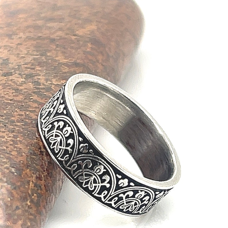 Gothic Moroccan BoHo Ring, Solid White Gold Wedding Ring, Islamic Art, Black Colored Band, Unisex Ring, 6mm ring. image 2