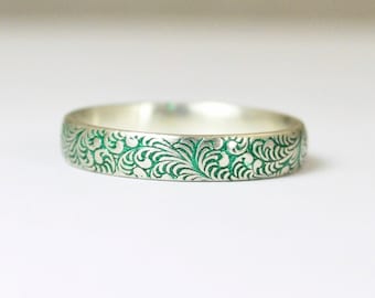 Floral Band, Silver Flower Ring, Swirl Ring, Green Ring, Sterling Silver Ring, Sterling Stack Ring, Silver Band, Romantic Boho Ring