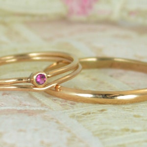 Tiny Ruby Ring Set, Solid Rose Gold Wedding Set, Stacking Ring, Solid 14k Gold Ruby Ring, July Birthstone, Bridal Set, Engagement Rings image 1