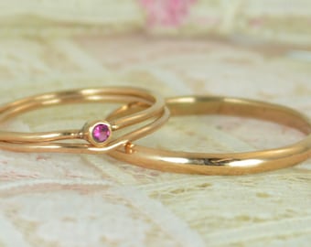 Tiny Ruby Ring Set, Solid Rose Gold Wedding Set, Stacking Ring, Solid 14k Gold Ruby Ring, July Birthstone, Bridal Set, Engagement Rings