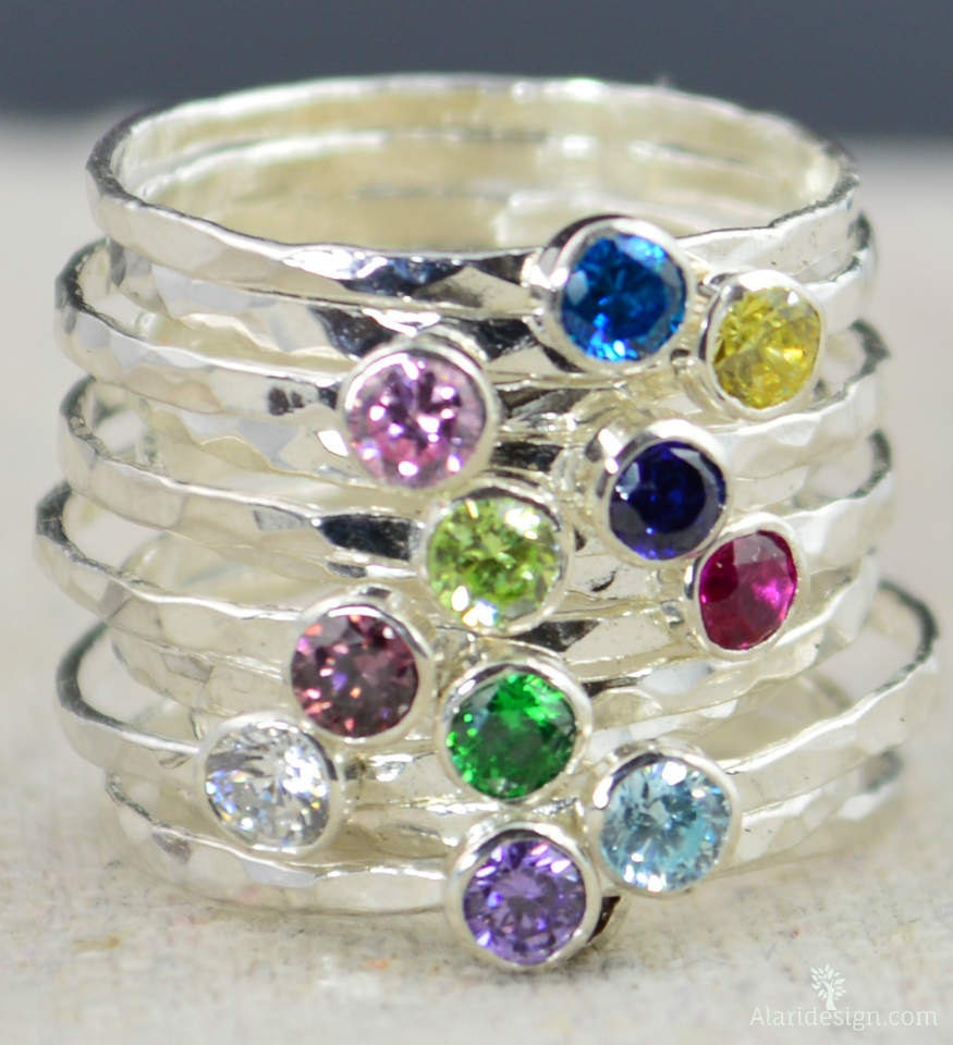 Stackable Mothers Birthstone ring set of Four 14k Yellow, White, Green and  rose Gold premium birthstone rings Made to order in your size