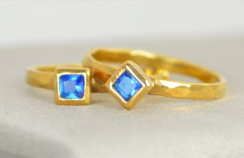 Square Zircon Ring Blue Zircon  Gold Ring December image 1