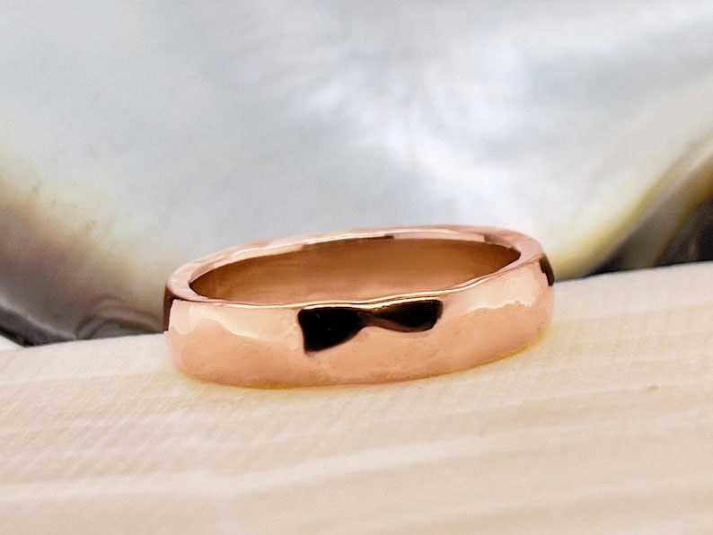 4mm Wide Rose Solid Gold Hammered Wedding Band, Choose 10k, 14k, or 18k Rose Gold, Rustic Wedding Ring, Heavy Rose Gold Ring, Free Engraving image 2