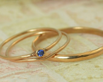 Tiny Sapphire Ring Set, Solid 14k Rose Gold Wedding Set, Stacking Ring, Solid 14k Gold Sapphire Ring, September Birthstone, Bridal Set