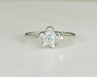 Small Flower Aquamarine Ring, Silver Aquamarine Ring, Flower Ring, Forget Me Not, Flower Jewelry, Sterling Silver Flower Ring, Floral Ring