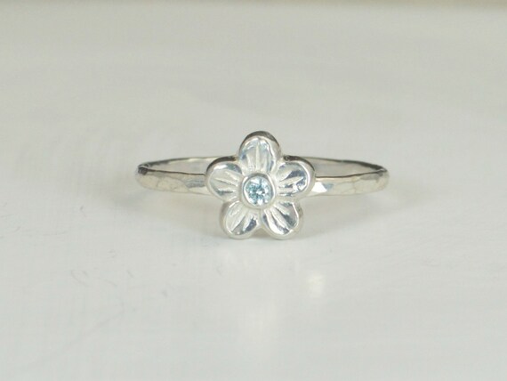 Small Flower Aquamarine Ring Silver Aquamarine Ring Flower Ring