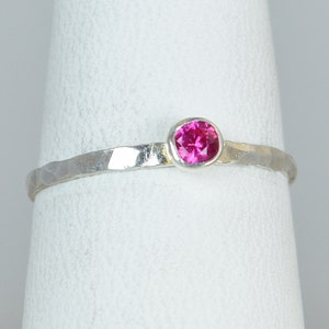 Dainty Ruby Ring, Hammered Silver, Stackable Rings, Mother's Ring, July Birthstone Ring, Skinny Ring, Birthday Ring image 2