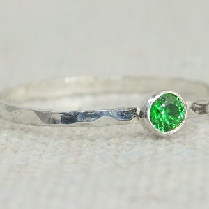 Dainty Emerald Ring, Hammered Silver, Stackable Rings, Mother's Ring, May Birthstone, Skinny Ring, May Birthday Ring image 1