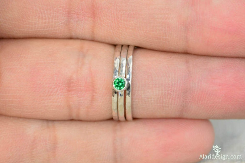 Classic Sterling Silver Emerald Ring, 3mm Silver Solitaire, Solitaire, Silver Jewelry, May Birthstone, Mothers Ring, Silver Band image 2