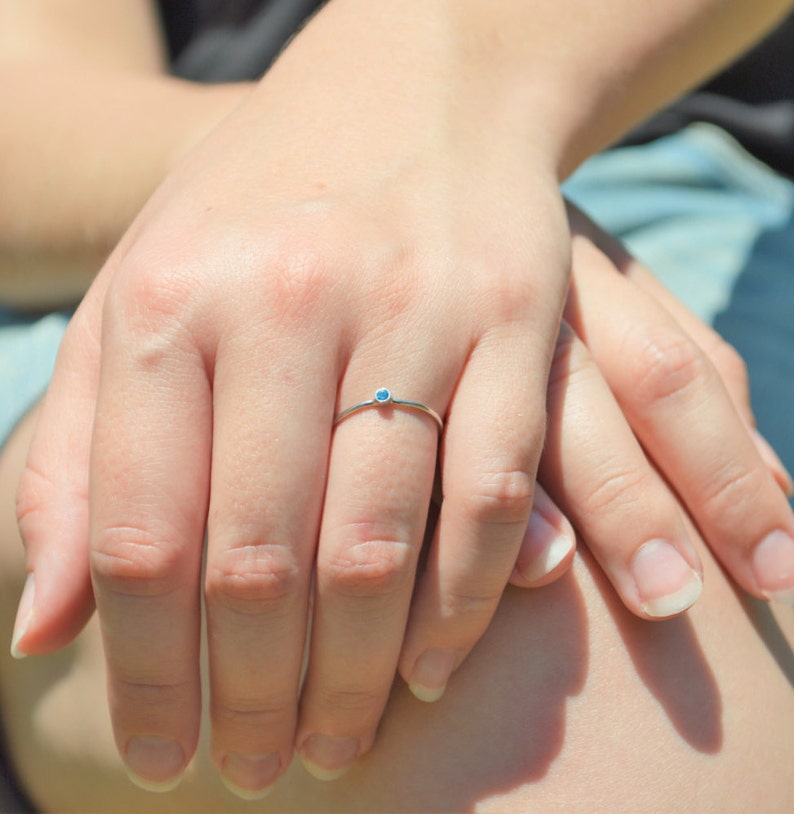 Blue Zircon Ring, White Gold Ring, Stacking Ring, Dainty Ring, Dainty Zircon, Solid White Gold, Minimal Zircon, December Ring, Alari image 2