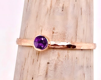 Dainty Rose Gold Filled Amethyst Ring, Hammered Rose Gold, Stacking Rings, Mothers Ring, February Birthstone, Rustic Amethyst Ring