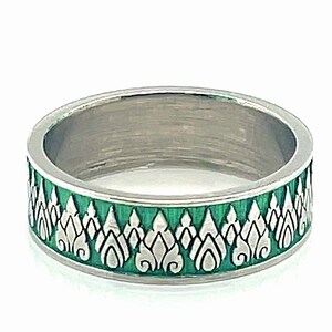 Thai Buddhist Temples Ring in Solid White Gold, Green Ring, Thailand Ring, Crown Ring, BoHo Ring, Coin Jewelry, Bohemian Ring, 6mm Ring image 3