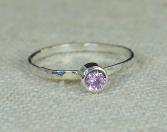 Small Pink Tourmaline Ring, Hammered Silver Ring, Stackable Rings, Mother's Ring, October Birthstone Ring, Skinny Ring, Mothers Ring