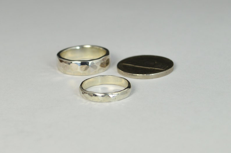 Hammered Silver Wedding Bands, Rustic Wedding Rings, Wedding Ring Set, Sterling Silver, Inside Ring Engraving Included, Inexpensive Bands image 4