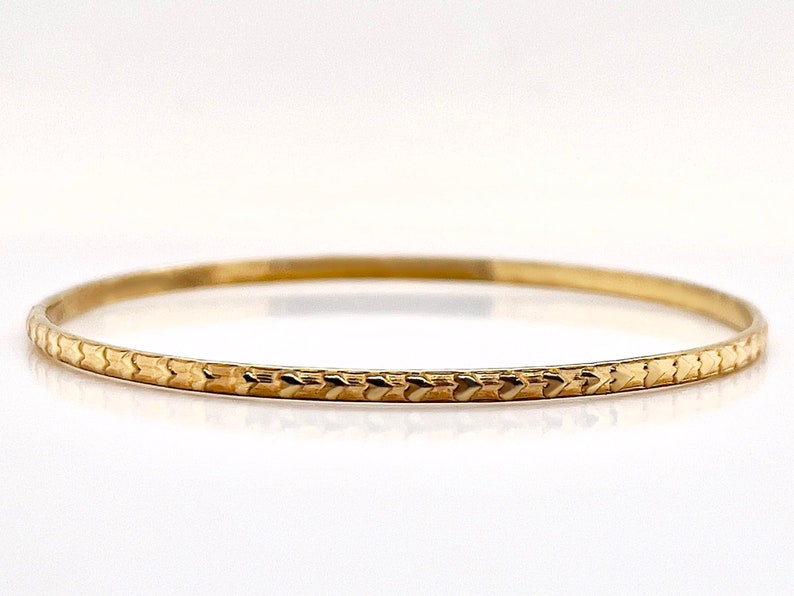 2.5mm Solid Gold Bangle Not Hollow Heart Pattern Love Bangle Choose 10K, 14K, 18k, or 22k Solid Gold Bangle Bracelet, Yellow Gold image 2