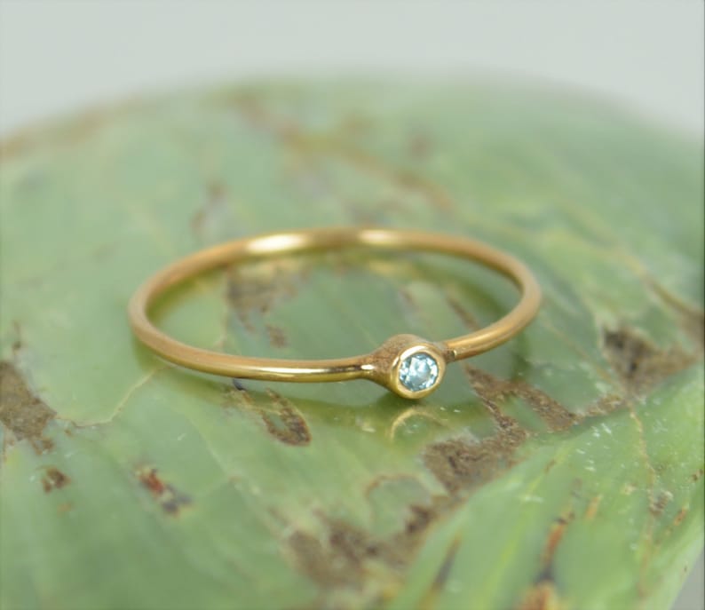 Tiny Aquamarine Ring, Solid 14k Rose Gold Aquamarine Stacking Ring, Solid Gold Aquamarine Ring, Mothers Ring, March Birthstone, Aquamarine image 1