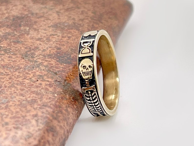 Yellow Gold Gothic Ring, Memento Mori Jewelry, Mourning Ring, Skeleton Ring, memorial ring, Free Inside Ring Engraving image 2