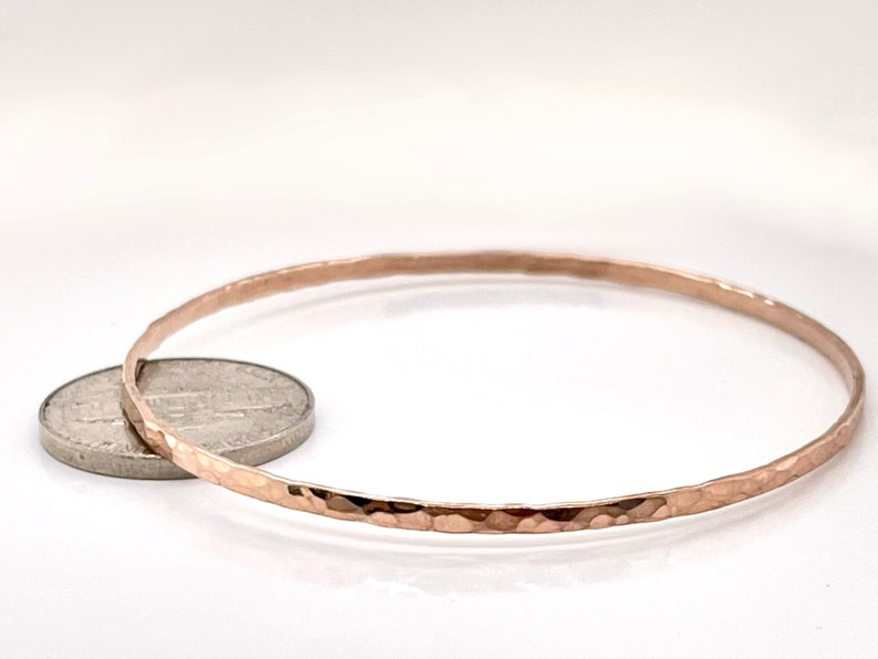 2mm Solid Rose Gold Hammerd Bangle Not Hollow Choose 10K, 14K, or 18k Stacking Bangle Bracelet, Rose Gold image 3