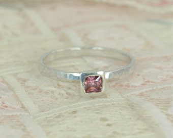 Square Alexandrite Engagement Ring, Sterling Silver, Alexandrite Wedding Ring Set, Rustic Wedding Ring Set, June Birthstone, Alexandrite