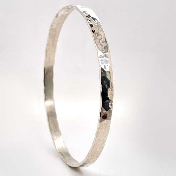 4mm Solid White Gold (Not Hollow) Hammerd Bangle - Choose 10K, 14K, or 18k Wide Bangle Bracelet, Thick White Gold bangle