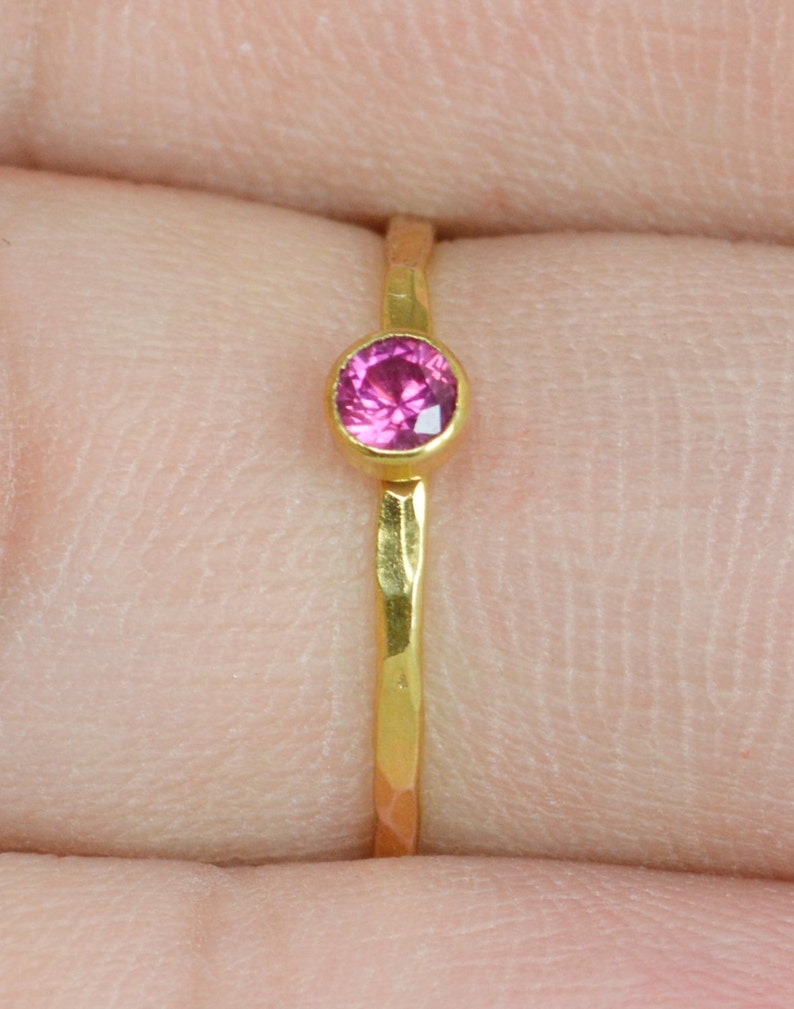 Dainty Gold Ruby Ring, Hammered Gold, Stackable Rings, Mother's Ring, July Birthstone Ring, Skinny Ring, Rustic Ruby Ring, 14K Gold Fill image 2