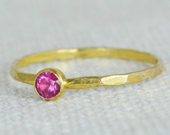 Dainty Gold Ruby Ring, Hammered Gold, Stackable Rings, Mother's Ring, July Birthstone Ring, Skinny Ring, Rustic Ruby Ring, 14K Gold Fill