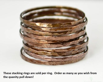 Super Thin Bronze Copper Stackable Ring(s), Bronze Ring, Skinny Ring, Copper Band, Arthritis Ring, Alari, Hammered Ring, Stacking Ring