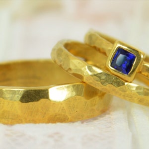 Square Sapphire Engagement Ring, Gold Filled, Sapphire Wedding Ring Set, Rustic Wedding Ring Set, September Birthstone, 14k Gold Filled image 3