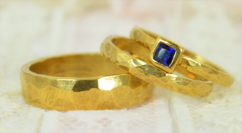 Square Sapphire Engagement Ring, Gold Filled, Sapphire Wedding Ring Set, Rustic Wedding Ring Set, September Birthstone, 14k Gold Filled image 3