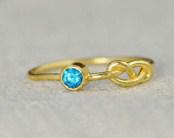 Blue Zircon Infinity Ring, Gold Filled Ring, Stackable Rings, Mother's Ring, December Birthstone Ring, Gold Infinity Ring, Gold Knot Ring