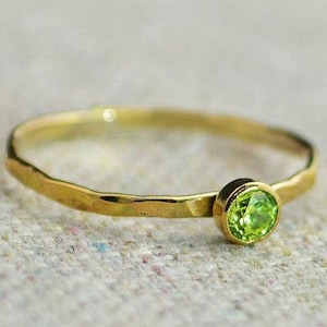 Dainty Gold Peridot Ring, Hammered Gold, Stackable Rings, Mother's Ring, August Birthstone Ring, Peridot, Rustic Peridot Ring, 14K Gold Fill image 1