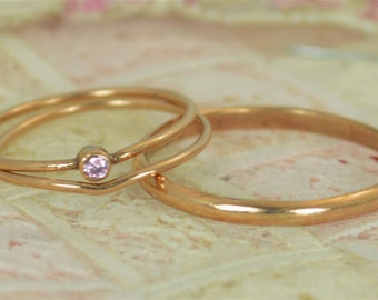 Tiny Pink Tourmaline Ring Set, Solid 14k Rose Gold Wedding Set, Stacking Ring, 14k Gold Tourmaline Ring, October Birthstone, Bridal Set