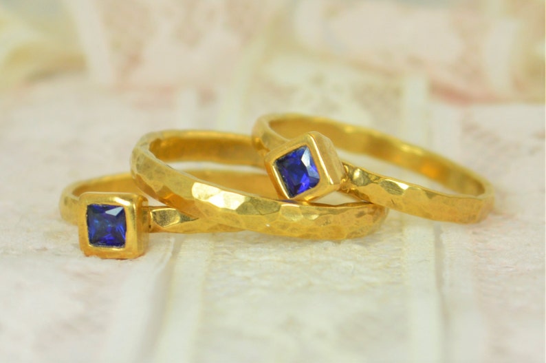 Square Sapphire Engagement Ring, Gold Filled, Sapphire Wedding Ring Set, Rustic Wedding Ring Set, September Birthstone, 14k Gold Filled image 1