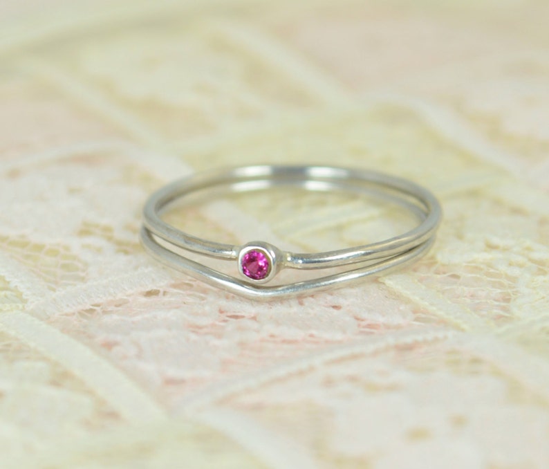 Tiny Ruby Ring Set, Solid White Gold Wedding Set, Stacking Ring, White Gold Ruby Ring, July Birthstone, Bridal Set, Gold, Engagement Rings image 2