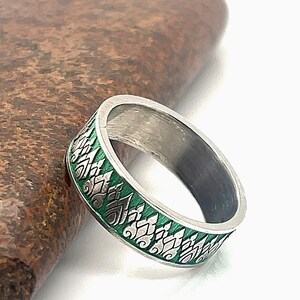 Thai Buddhist Temples Ring in Solid White Gold, Green Ring, Thailand Ring, Crown Ring, BoHo Ring, Coin Jewelry, Bohemian Ring, 6mm Ring image 2