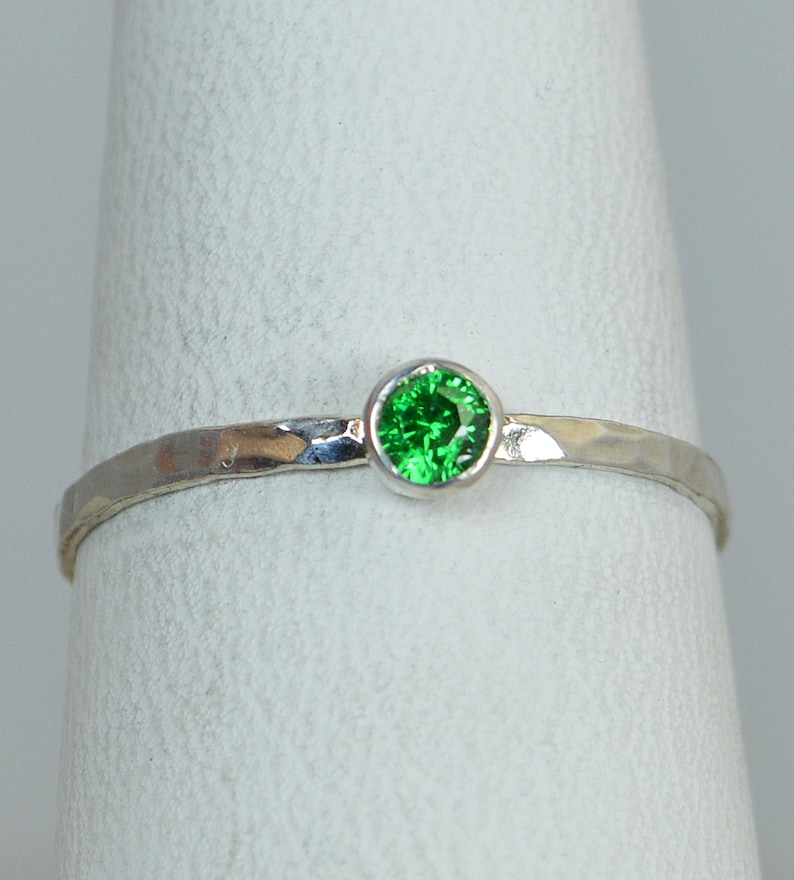 Dainty Emerald Ring, Hammered Silver, Stackable Rings, Mother's Ring, May Birthstone, Skinny Ring, May Birthday Ring image 2