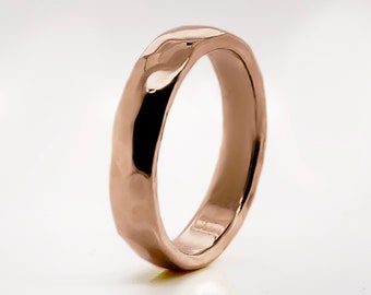 4mm Wide Rose Solid Gold Hammered Wedding Band, Choose 10k, 14k, or 18k Rose Gold, Rustic Wedding Ring, Heavy Rose Gold Ring, Free Engraving