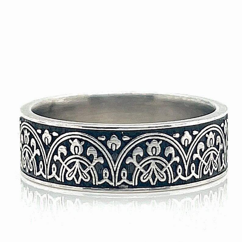 Gothic Moroccan BoHo Ring, Solid White Gold Wedding Ring, Islamic Art, Black Colored Band, Unisex Ring, 6mm ring. image 1