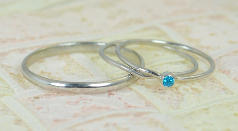 Tiny Blue Topaz Ring Set, Solid White Gold Wedding Set, Stacking Ring, White Gold Ring, December Birthstone, Mothers Ring, Blue Topaz Ring image 3